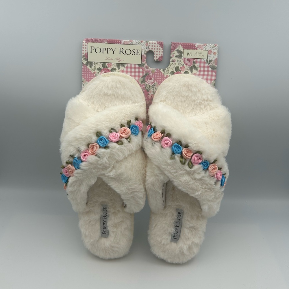 *New* Poppy Rose Ivory Fuzzy Slippers with Colorful Flower/Rose Trim Size 7-8 - Picture 2 of 8